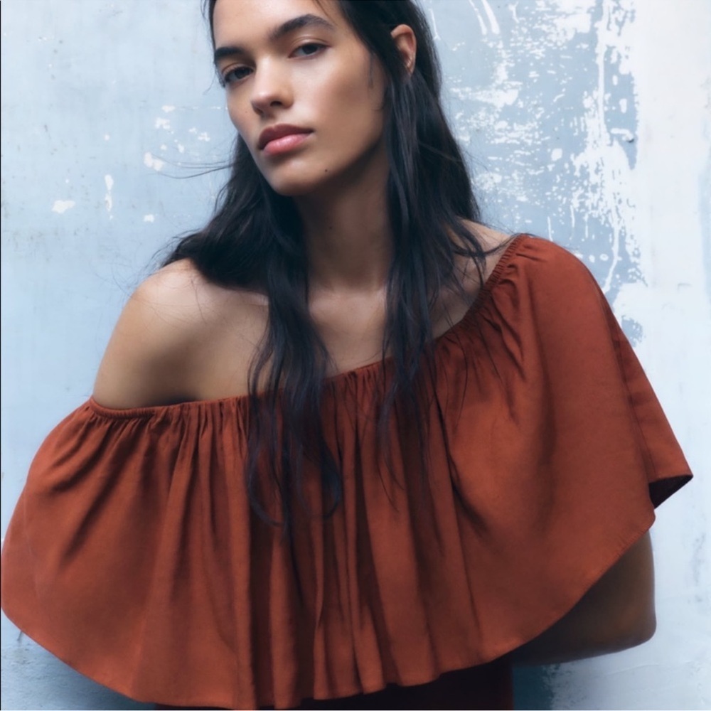 Zara Off Shoulder Linen Blend Ruffle Maxi  Rust Dress Small - Picture 9 of 14